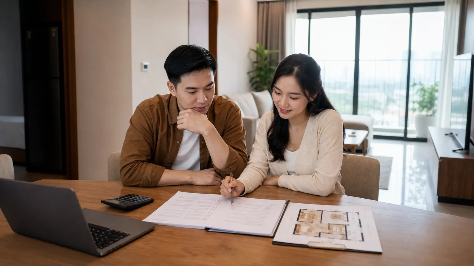 Cặp vợ chồng xem checklist mua căn hộ